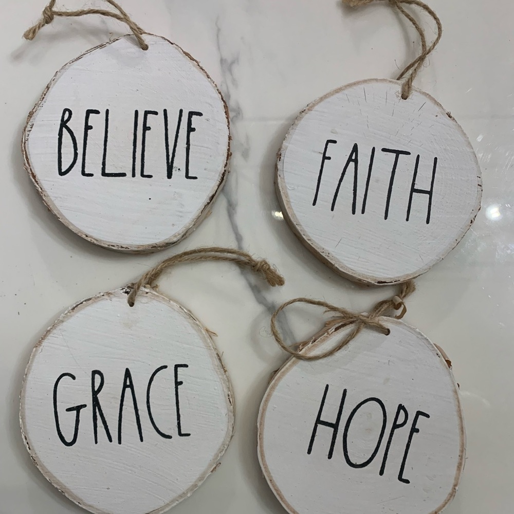 Rae Dunn wooden rustic holiday ornaments - set of 4